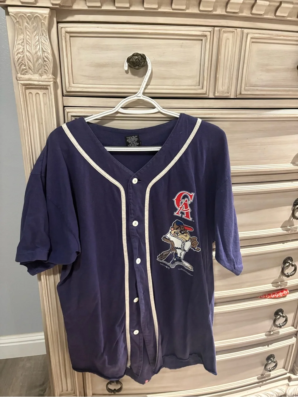 Vintage Navy and White Baseball Jersey with Mascot Patch